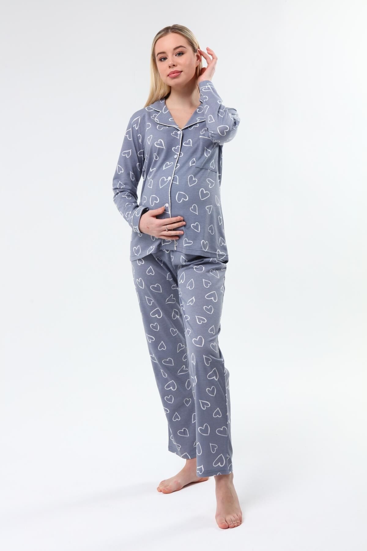 Likapa Penye Önden Düğmeli Hamile Lohusa UZUN KOL PİJAMA TAKIMI Gri Büyük Kalpli - M