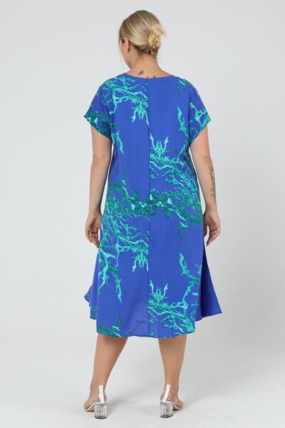 Likapa Yazlık Büyük Beden Viskon  V Yaka Kısa Kol Elbise 2688 Sax - L