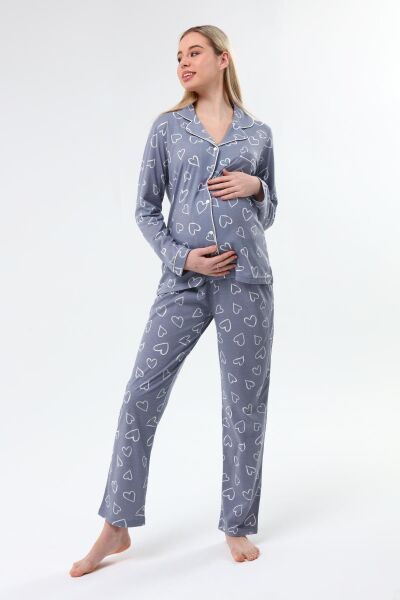 Likapa Penye Önden Düğmeli Hamile Lohusa UZUN KOL PİJAMA TAKIMI Gri Büyük Kalpli - XL