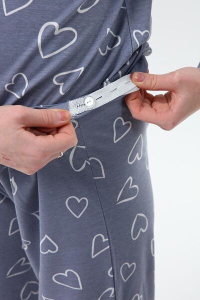 Likapa Penye Önden Düğmeli Hamile Lohusa UZUN KOL PİJAMA TAKIMI Gri Büyük Kalpli - XL
