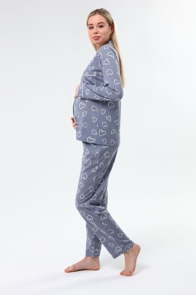 Likapa Penye Önden Düğmeli Hamile Lohusa UZUN KOL PİJAMA TAKIMI Gri Büyük Kalpli - 2XL