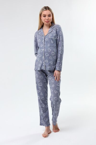 Likapa Penye Önden Düğmeli Hamile Lohusa UZUN KOL PİJAMA TAKIMI Gri Büyük Kalpli - 3XL