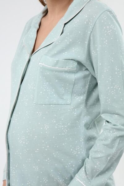 Likapa Penye Önden Düğmeli Hamile Lohusa UZUN KOL PİJAMA TAKIMI Mint MİNİK KALPLİ - XL