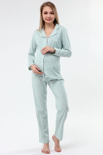 Likapa Penye Önden Düğmeli Hamile Lohusa UZUN KOL PİJAMA TAKIMI Mint MİNİK KALPLİ - XL