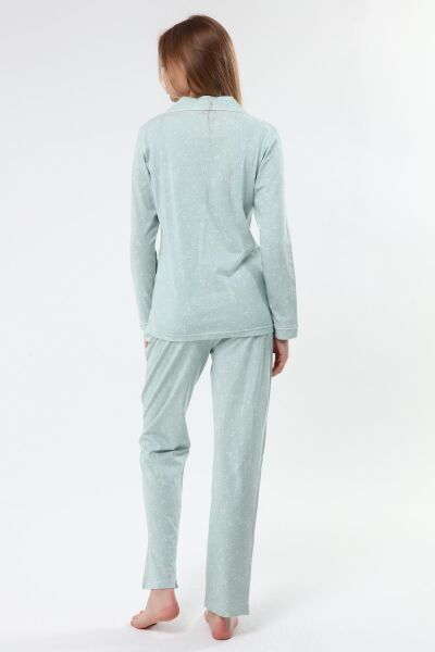 Likapa Penye Önden Düğmeli Hamile Lohusa UZUN KOL PİJAMA TAKIMI Mint MİNİK KALPLİ - 2XL