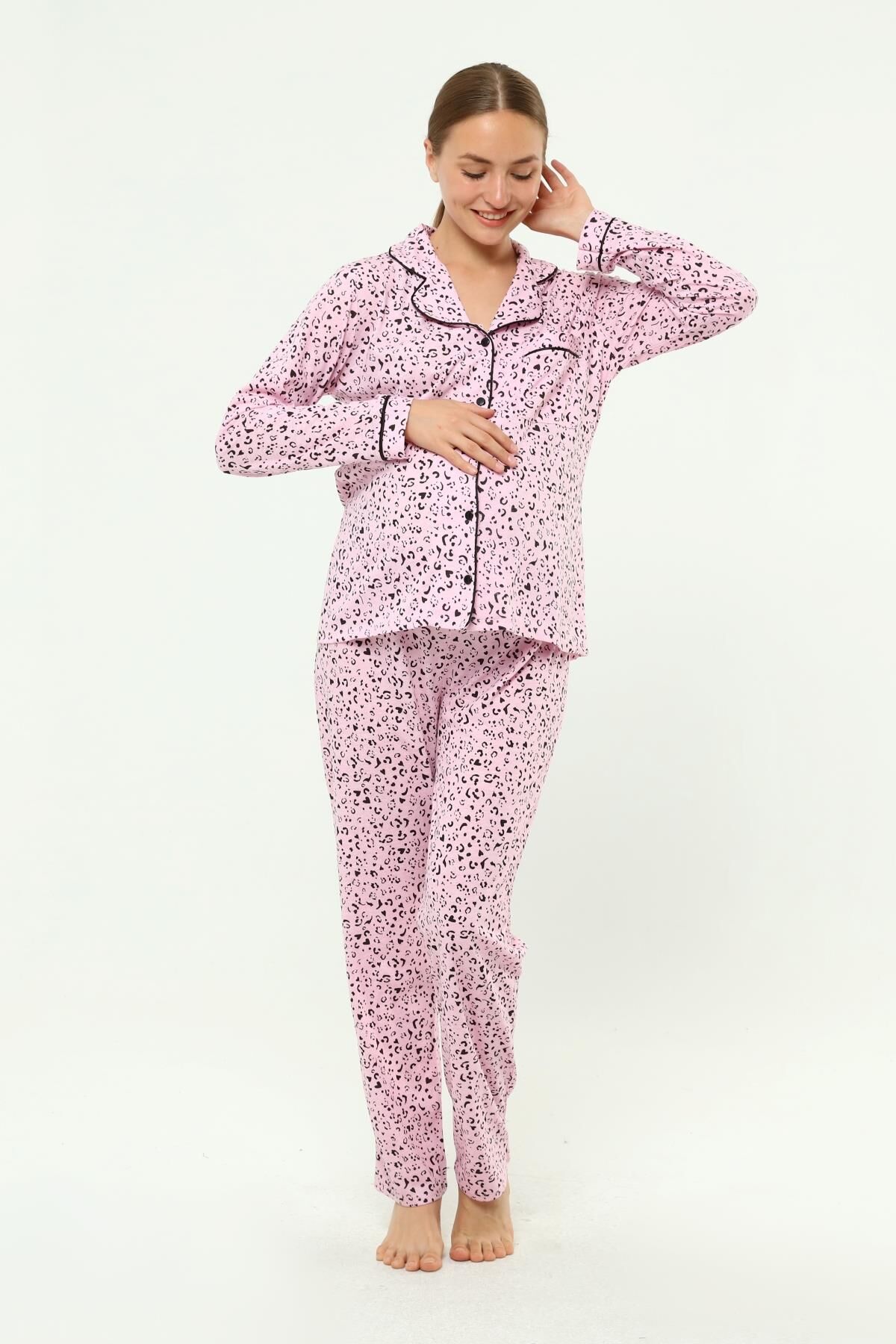 Likapa Penye Önden Düğmeli Hamile Lohusa UZUN KOL PİJAMA TAKIMI Siyah Kalpli - M