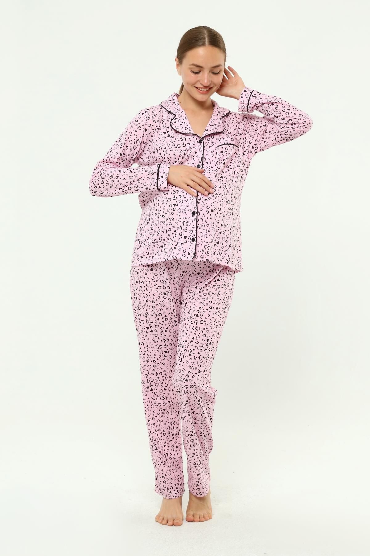 Likapa Penye Önden Düğmeli Hamile Lohusa UZUN KOL PİJAMA TAKIMI Siyah Kalpli - M