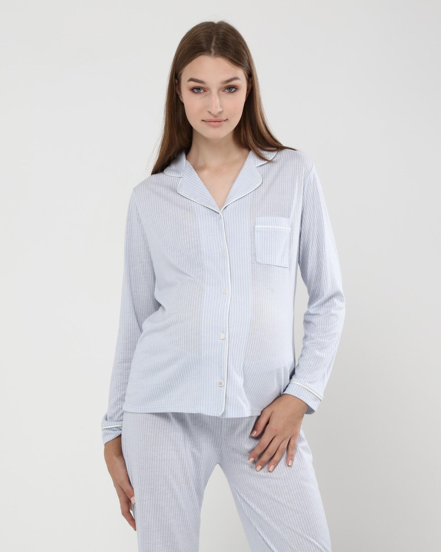 Likapa Penye Önden Düğmeli Hamile Lohusa UZUN KOL PİJAMA TAKIMI Mavi Çizgili - S