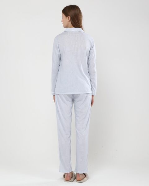 Likapa Penye Önden Düğmeli Hamile Lohusa UZUN KOL PİJAMA TAKIMI Mavi Çizgili - S