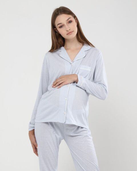 Likapa Penye Önden Düğmeli Hamile Lohusa UZUN KOL PİJAMA TAKIMI Mavi Çizgili - M