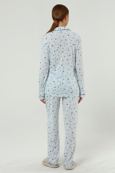 Önden Düğmeli Hamile Lohusa MEVSİMLİK UZUN KOL PİJAMA TAKIMI Mavi Gri Yıldız - 3XL