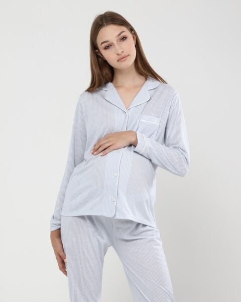 Likapa Penye Önden Düğmeli Hamile Lohusa UZUN KOL PİJAMA TAKIMI Mavi Çizgili - 2XL