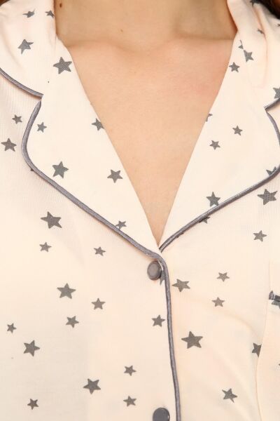 Önden Düğmeli Hamile Lohusa MEVSİMLİK UZUN KOL PİJAMA TAKIMI SOMON YILDIZ - 3XL