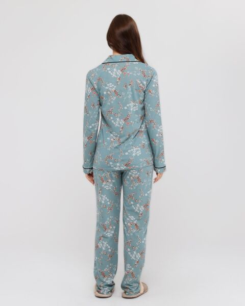 Likapa Penye Önden Düğmeli Hamile Lohusa UZUN KOL PİJAMA TAKIMI Koyu Mint Çiçek - M