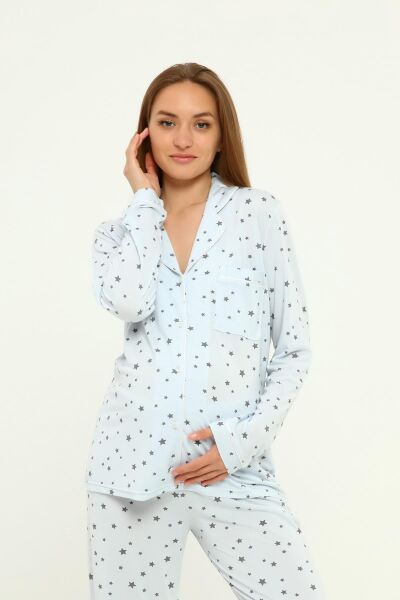 Önden Düğmeli Hamile Lohusa MEVSİMLİK UZUN KOL PİJAMA TAKIMI MAVİ YILDIZ - 3XL
