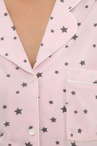Önden Düğmeli Hamile Lohusa MEVSİMLİK UZUN KOL PİJAMA TAKIMI Pembe Yıldız - 3XL