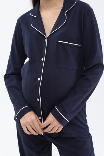 Likapa Penye Önden Düğmeli Hamile Lohusa UZUN KOL PİJAMA TAKIMI LACİVERT - M