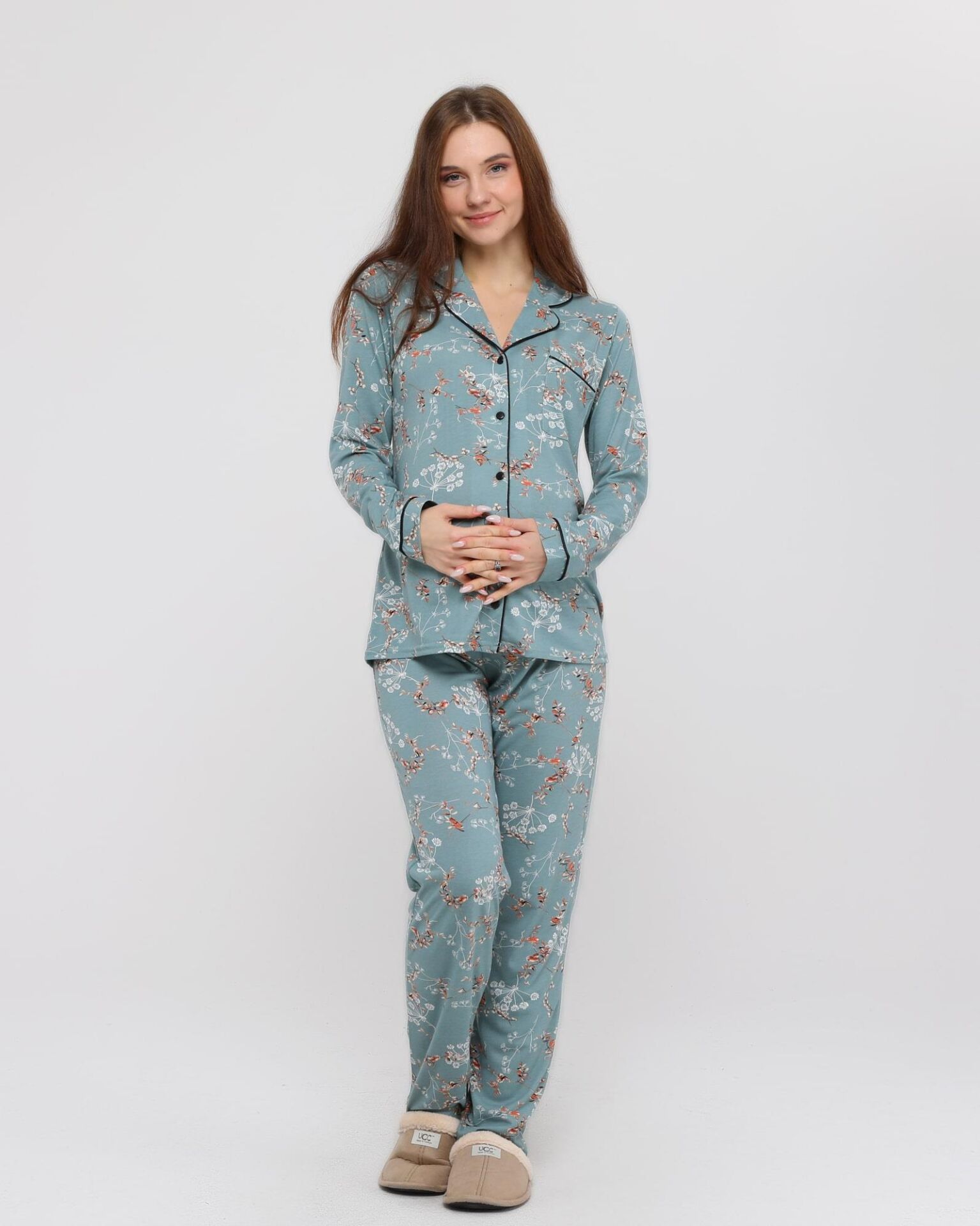 Likapa Penye Önden Düğmeli Hamile Lohusa UZUN KOL PİJAMA TAKIMI Koyu Mint Çiçek - XL