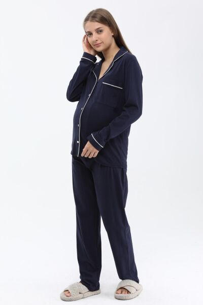 Likapa Penye Önden Düğmeli Hamile Lohusa UZUN KOL PİJAMA TAKIMI LACİVERT - L