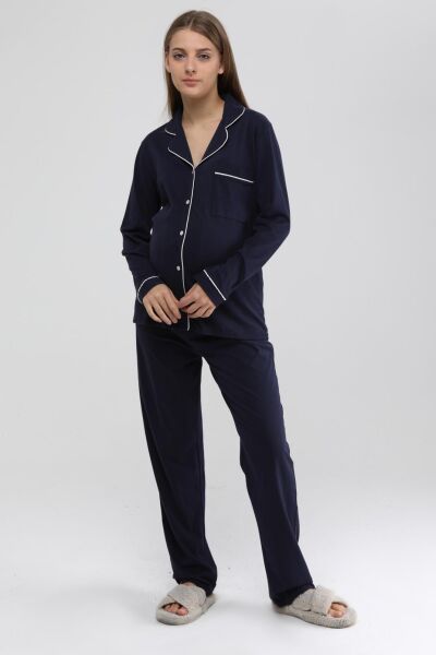 Likapa Penye Önden Düğmeli Hamile Lohusa UZUN KOL PİJAMA TAKIMI LACİVERT - L