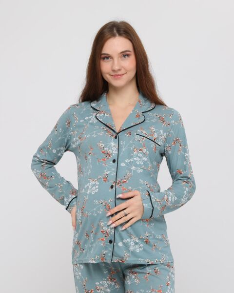 Likapa Penye Önden Düğmeli Hamile Lohusa UZUN KOL PİJAMA TAKIMI Koyu Mint Çiçek - 3XL