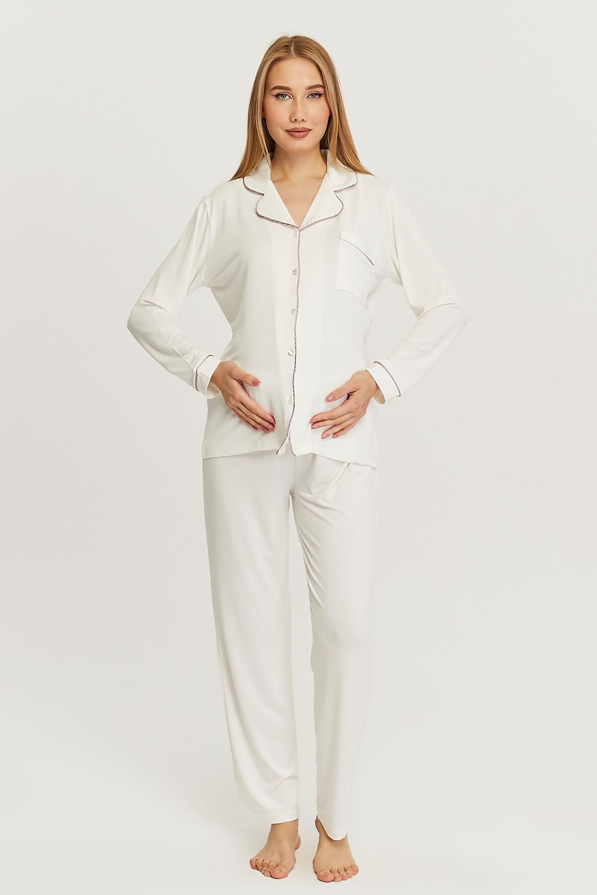 Likapa Önden Düğmeli Hamile Lohusa UZUN KOL PİJAMA TAKIMI M - Gülkurusu Biyeli