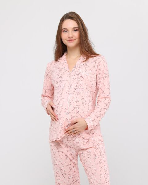 Likapa Penye Önden Düğmeli Hamile Lohusa UZUN KOL PİJAMA TAKIMI Somon Dallı - XL