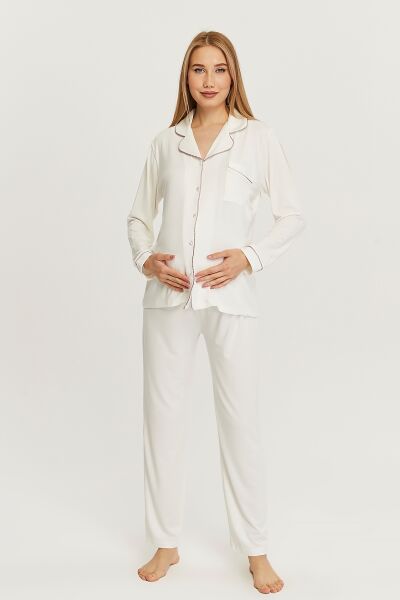 Likapa Önden Düğmeli Hamile Lohusa UZUN KOL PİJAMA TAKIMI L - Gülkurusu Biyeli