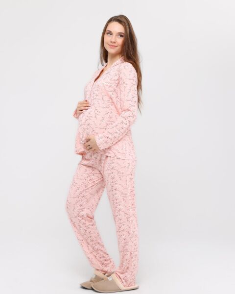 Likapa Penye Önden Düğmeli Hamile Lohusa UZUN KOL PİJAMA TAKIMI Somon Dallı - 2XL