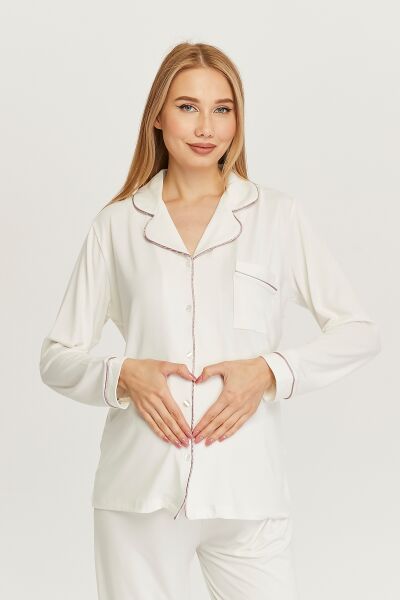 Likapa Önden Düğmeli Hamile Lohusa UZUN KOL PİJAMA TAKIMI XL - Gülkurusu Biyeli