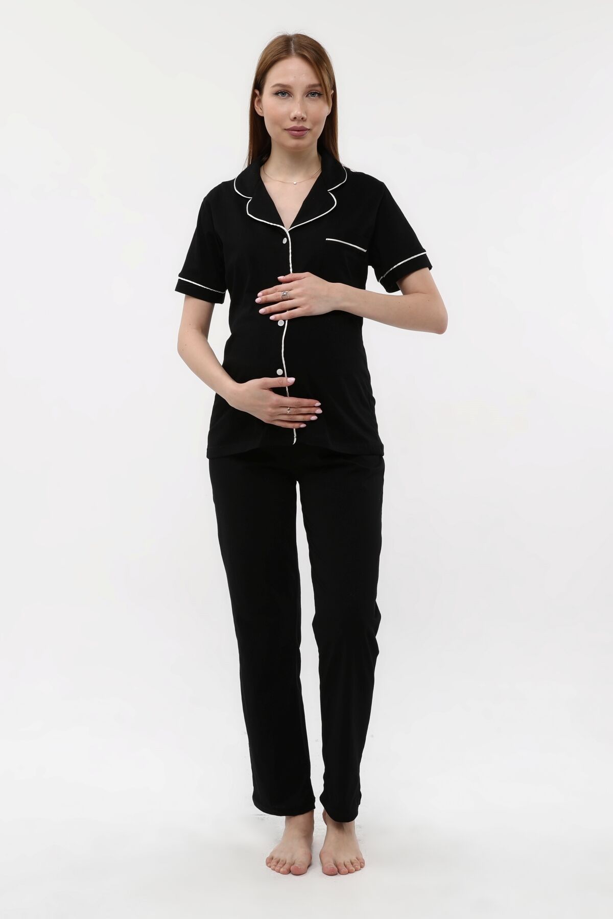 Likapa Penye Önden Düğmeli Hamile Lohusa KISA KOL PİJAMA TAKIMI ,%100 Cotton SİYAH - XL