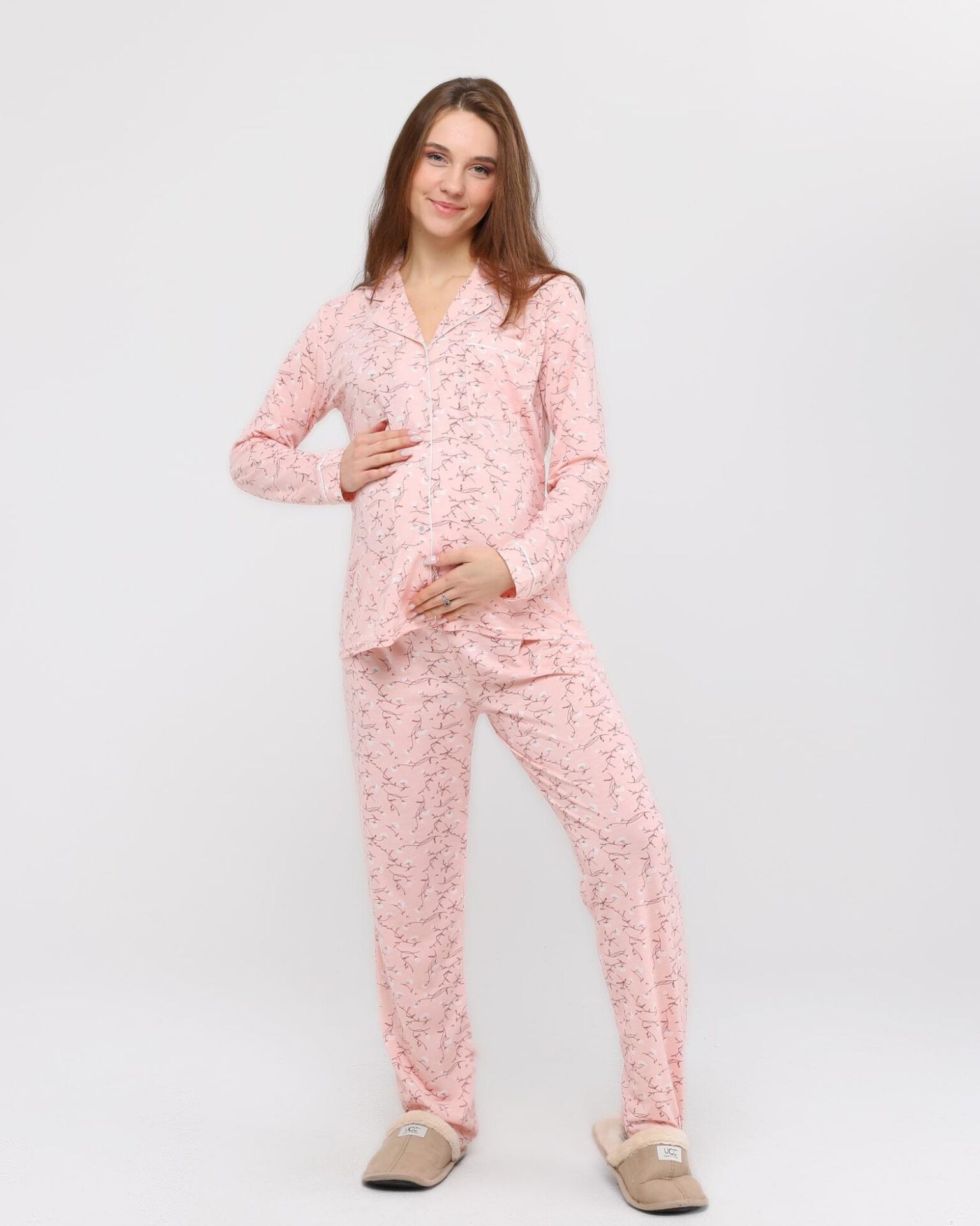 Likapa Penye Önden Düğmeli Hamile Lohusa UZUN KOL PİJAMA TAKIMI Somon Dallı - 3XL