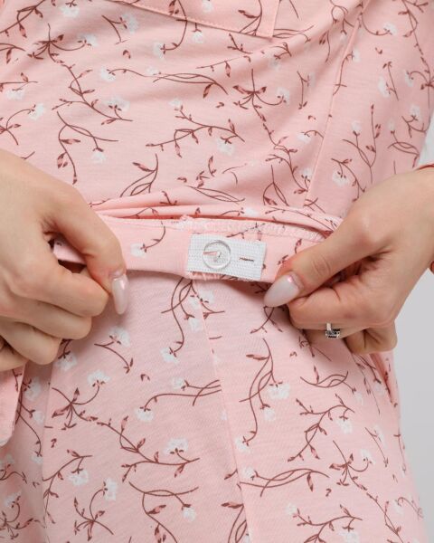 Likapa Penye Önden Düğmeli Hamile Lohusa UZUN KOL PİJAMA TAKIMI Somon Dallı - 3XL