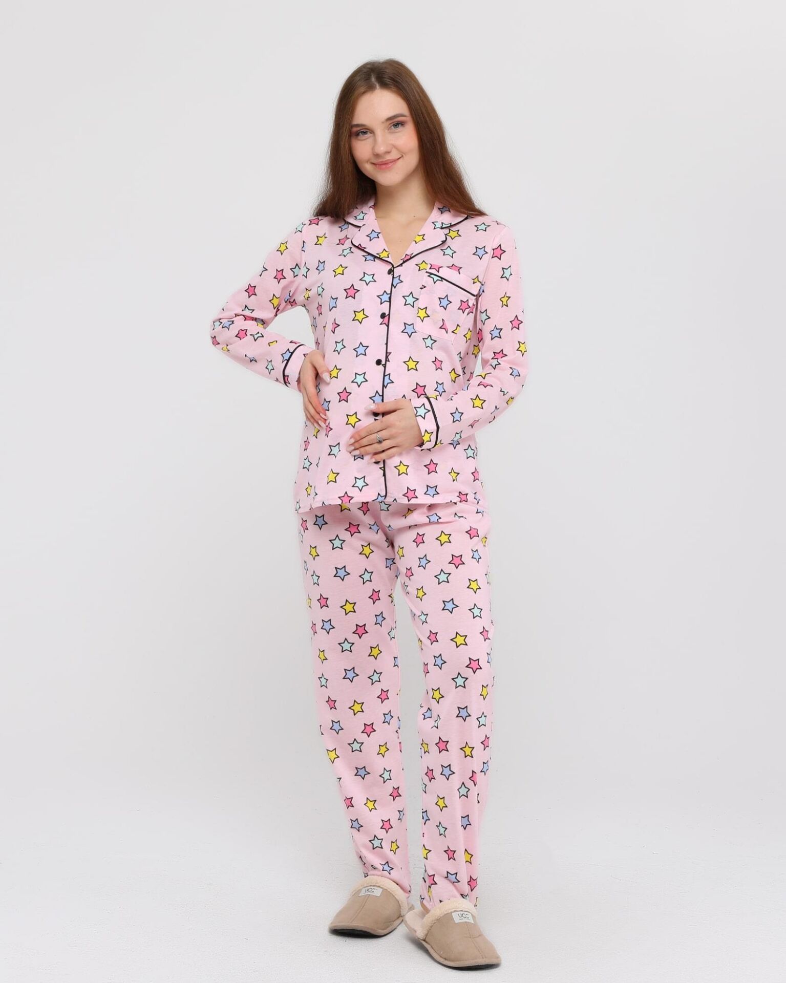 Likapa Penye Önden Düğmeli Hamile Lohusa UZUN KOL PİJAMA TAKIMI Renkli Yıldız - M