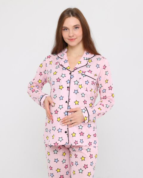 Likapa Penye Önden Düğmeli Hamile Lohusa UZUN KOL PİJAMA TAKIMI Renkli Yıldız - XL