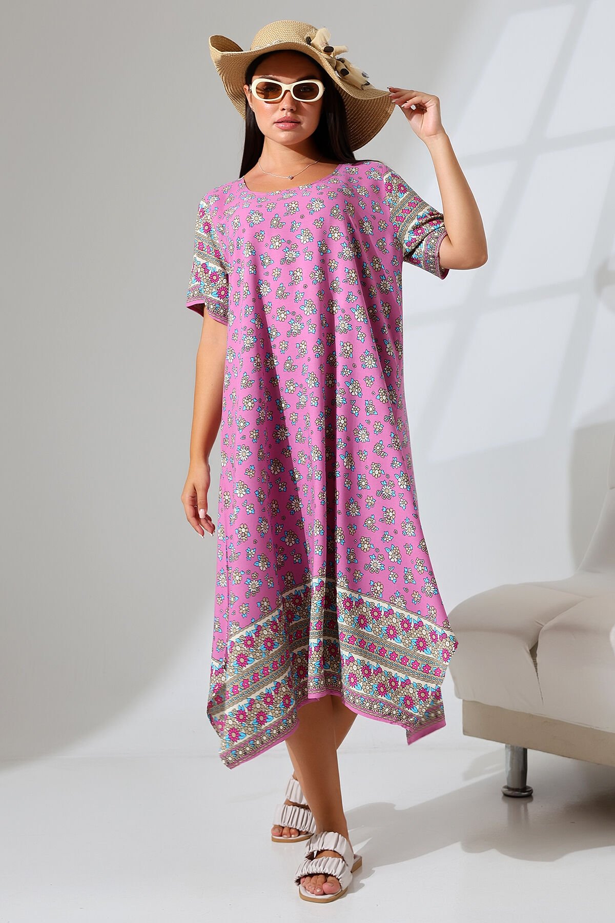 LİKAPASHOP VİSKON KISA KOL ELBİSE 2726 PEMBE ÇİÇEK - L