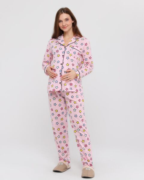 Likapa Penye Önden Düğmeli Hamile Lohusa UZUN KOL PİJAMA TAKIMI Renkli Yıldız - 3XL