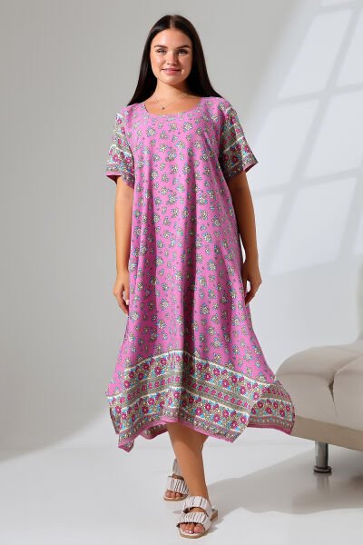 LİKAPASHOP VİSKON KISA KOL ELBİSE 2726 PEMBE ÇİÇEK - XL