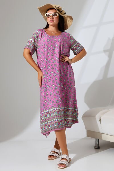LİKAPASHOP VİSKON KISA KOL ELBİSE 2726 PEMBE ÇİÇEK - 2XL