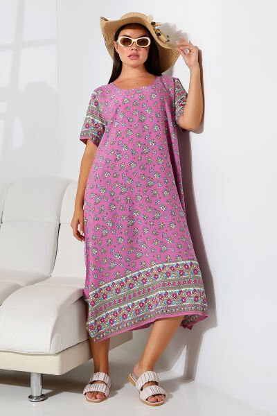 LİKAPASHOP VİSKON KISA KOL ELBİSE 2726 PEMBE ÇİÇEK - 2XL