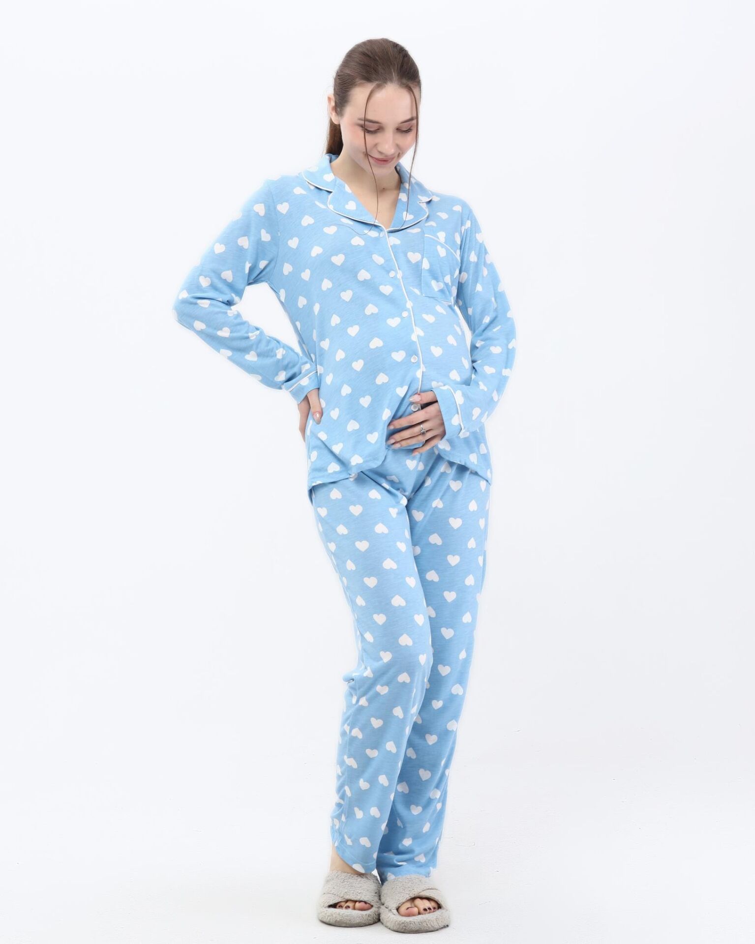 Likapa Penye Önden Düğmeli Hamile Lohusa UZUN KOL PİJAMA TAKIMI Mavi Beyaz KALP - XL