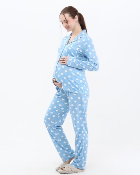 Likapa Penye Önden Düğmeli Hamile Lohusa UZUN KOL PİJAMA TAKIMI Mavi Beyaz KALP - XL