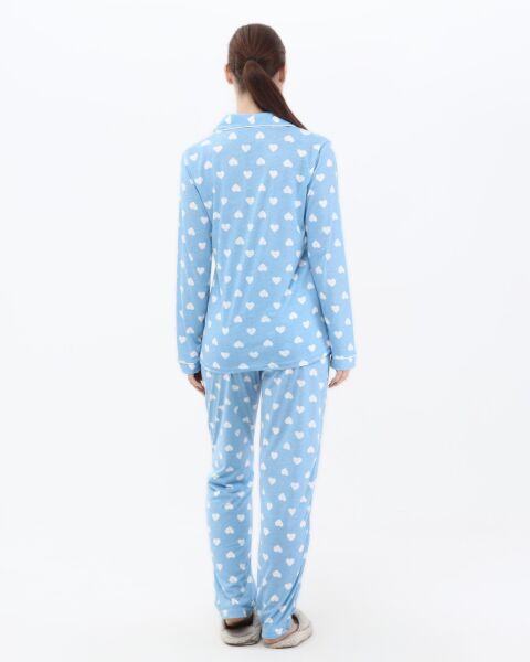 Likapa Penye Önden Düğmeli Hamile Lohusa UZUN KOL PİJAMA TAKIMI Mavi Beyaz KALP - XL
