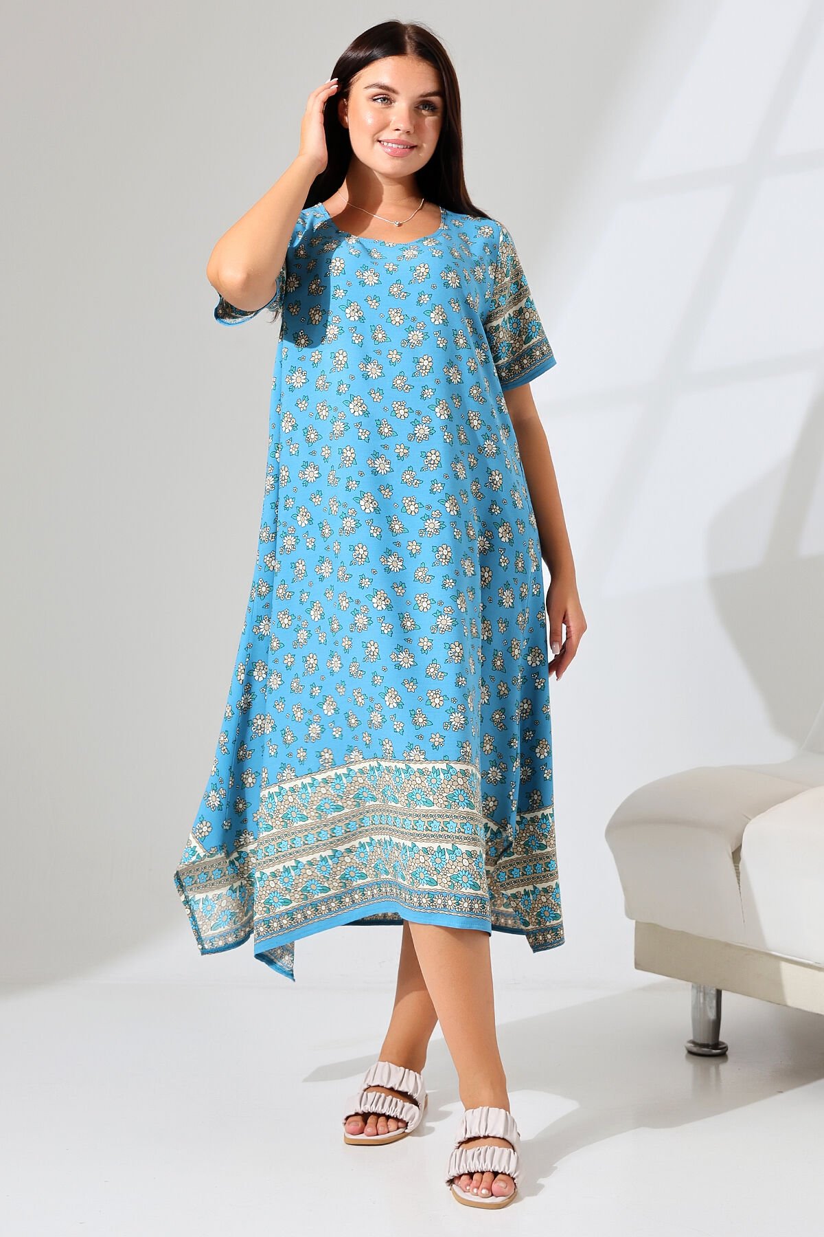 LİKAPASHOP VİSKON KISA KOL ELBİSE 2726 MAVİ ÇİÇEK - L