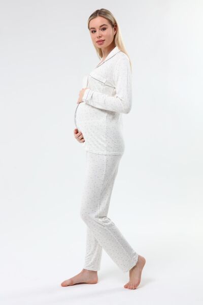 Likapa Önden Düğmeli Hamile Lohusa MEVSİMLİK UZUN KOL PİJAMA TAKIMI Gri Yıldız - M