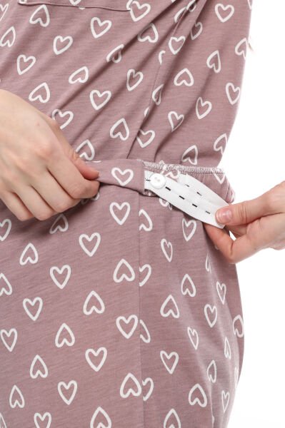 Likapa Penye Önden Düğmeli Hamile Lohusa UZUN KOL PİJAMA TAKIMI Kahve Büyük Kalpli - M