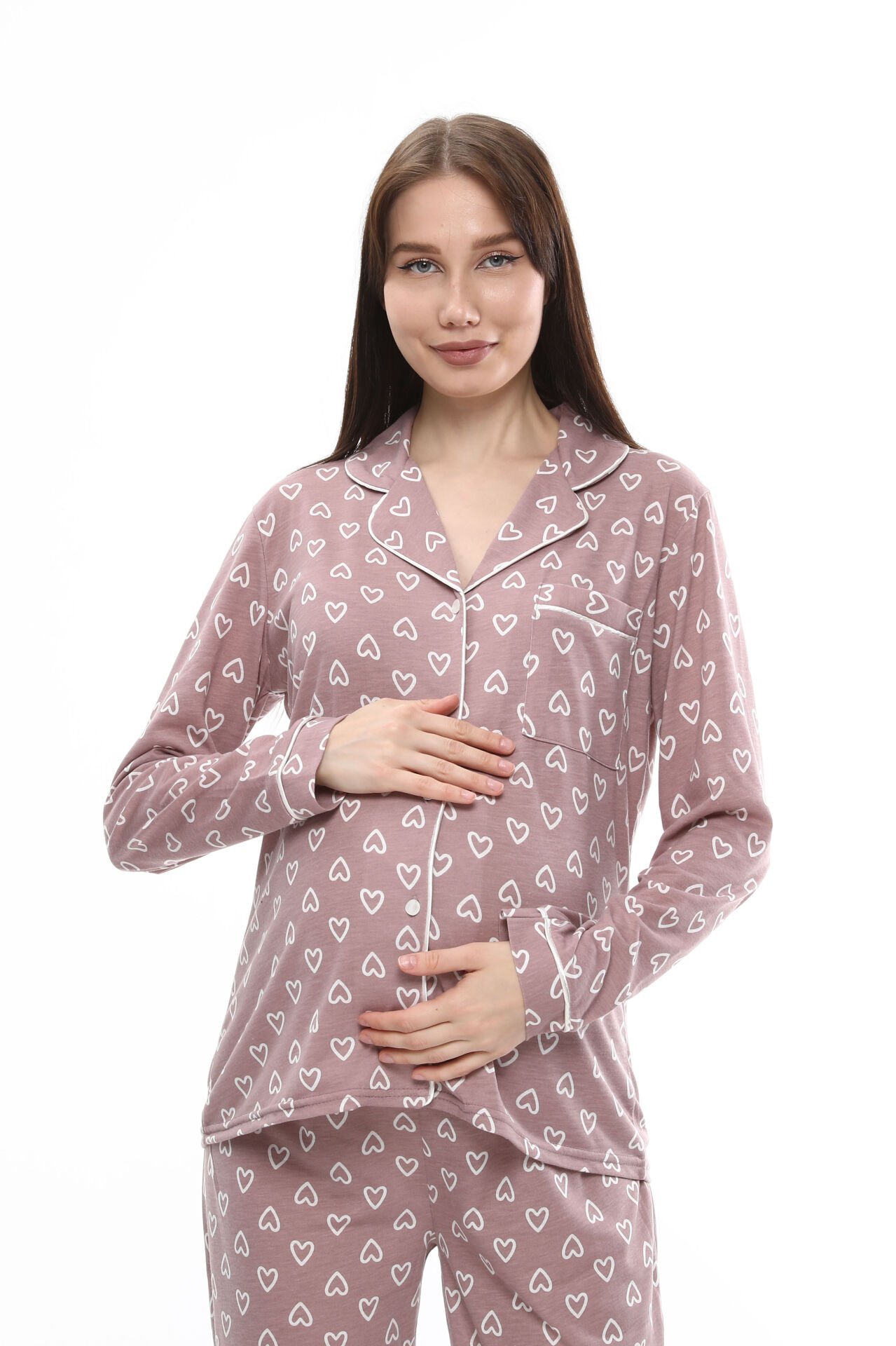 Likapa Penye Önden Düğmeli Hamile Lohusa UZUN KOL PİJAMA TAKIMI Kahve Büyük Kalpli - L