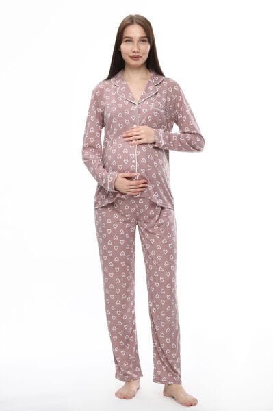 Likapa Penye Önden Düğmeli Hamile Lohusa UZUN KOL PİJAMA TAKIMI Kahve Büyük Kalpli - L