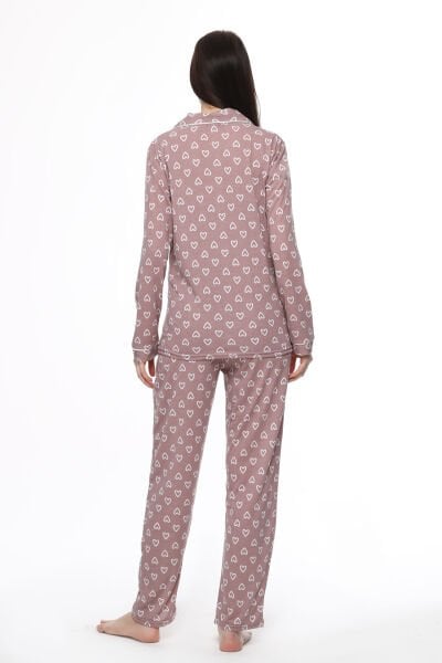 Likapa Penye Önden Düğmeli Hamile Lohusa UZUN KOL PİJAMA TAKIMI Kahve Büyük Kalpli - L
