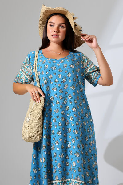 LİKAPASHOP VİSKON KISA KOL ELBİSE 2726 MAVİ ÇİÇEK - 4XL